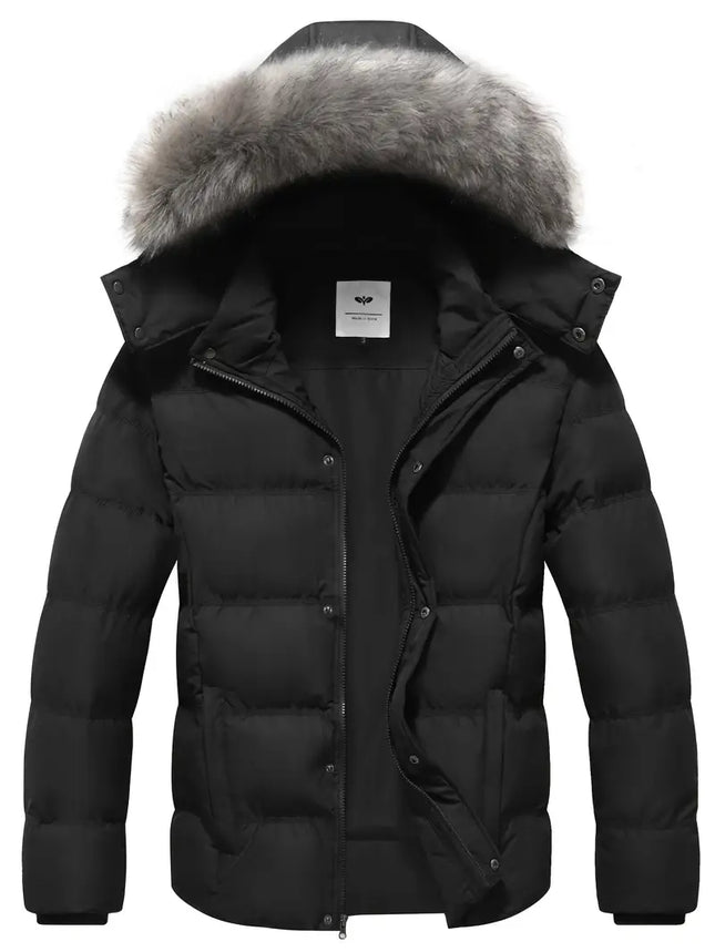 Mens Casual Hooded Faux Fur Trim  Semi-Heavy Jacket