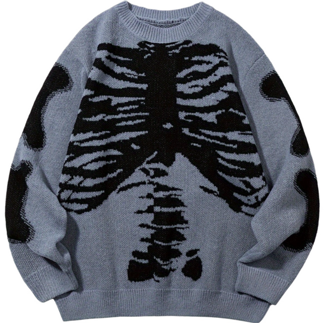 Skeleton Pattern Knitted Sweater, Men's Casual Warm Mid Stretch Crew Neck Pullover Sweater For Men Fall Winter