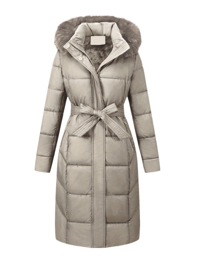 Elegant Womens Midi Winter Coat /w Faux Fur Hood & Belt