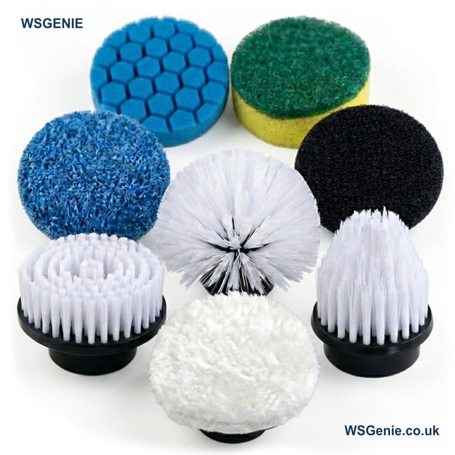 Set of various cleaning brushes and sponges with WSGenie branding on a white background.