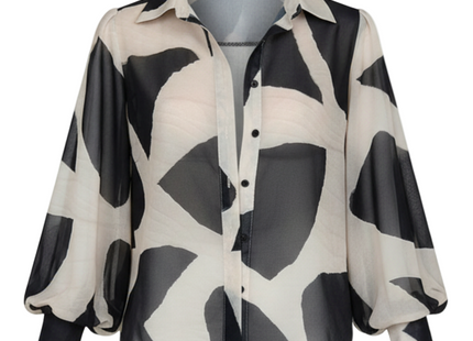 Women's Elegant Loose Geometric Print Lantern Sleeve Blouse, Spring & Summer