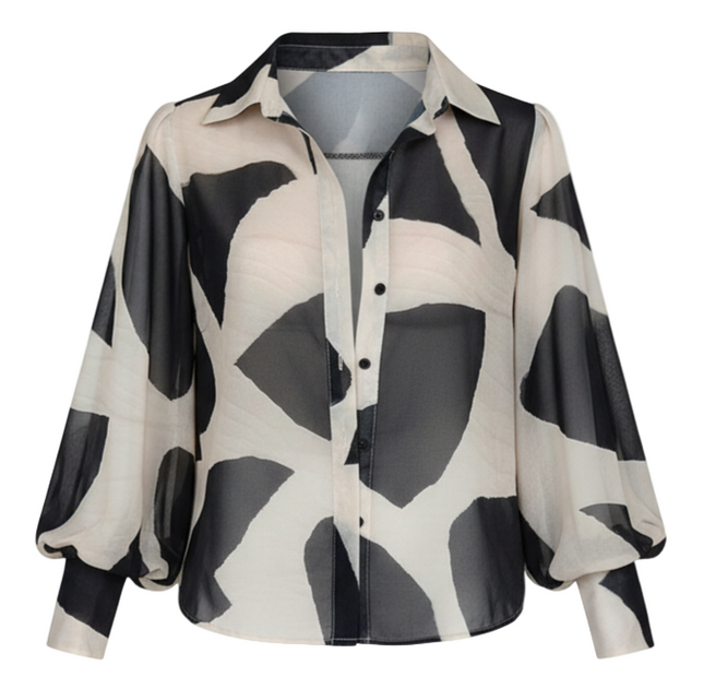 Women's Elegant Loose Geometric Print Lantern Sleeve Blouse, Spring & Summer