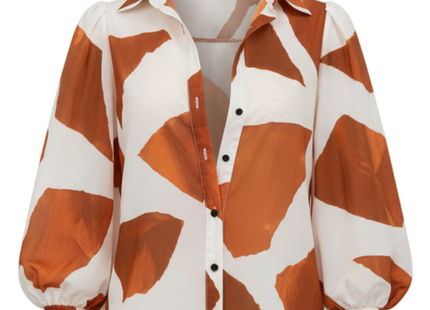 Women's Elegant Loose Geometric Print Lantern Sleeve Blouse, Spring & Summer