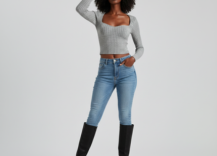 Women's Sunken Stripe Brushed T-shirt Short Midriff-baring Top