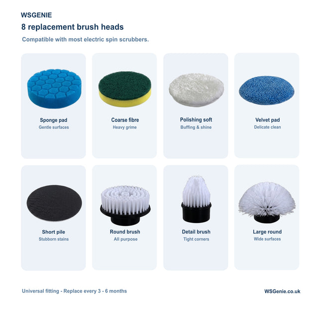 WSGenie replacement brush heads for electric spin scrubbers displayed in a grid.