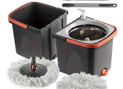 Mop and bucket cleaning system with wringer, two microfiber heads, and three extension handles on a white background.