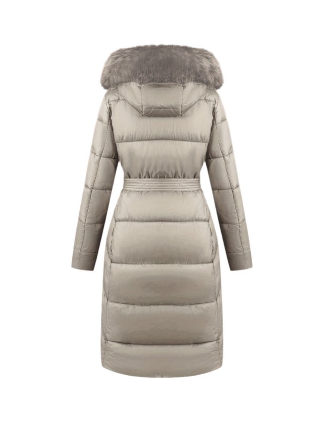 Elegant Womens Midi Winter Coat /w Faux Fur Hood & Belt