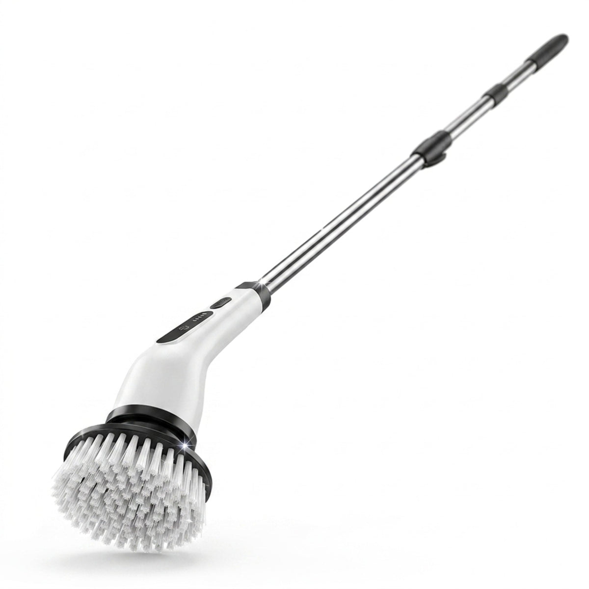 Cordless electric spin scrubber with extendable handle on a white background