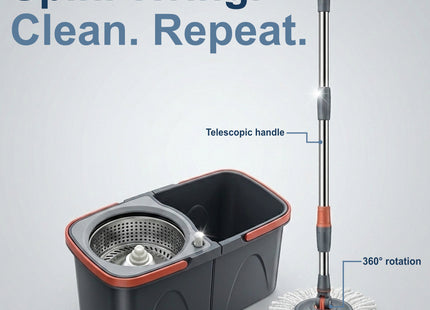 Spin mop and bucket set with features highlighted on a light gray background