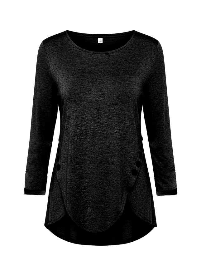 Irregular Button Hem Long Sleeved Round Neck Oversized T-shirt