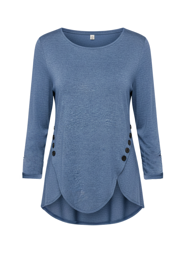 Irregular Button Hem Long Sleeved Round Neck Oversized T-shirt