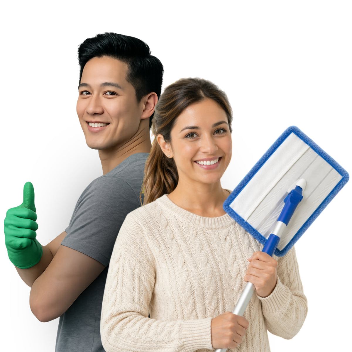 Man and woman with cleaning tools on a white background