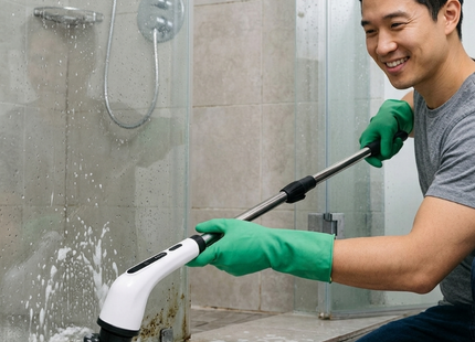 Person cleaning a shower with an electric spin scrubber, in a bathroom setting.