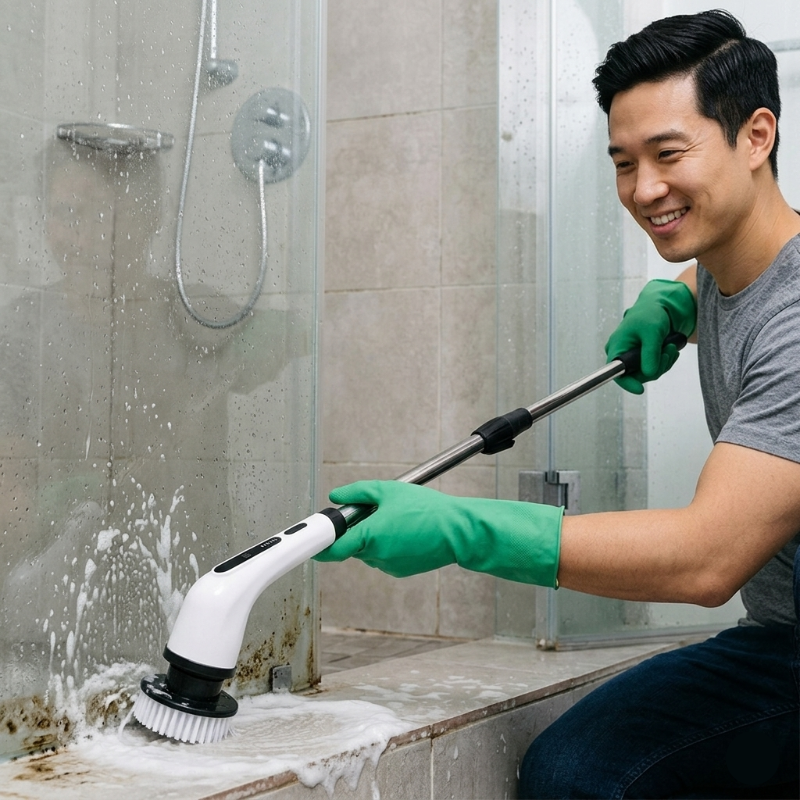 Person cleaning a shower with an electric spin scrubber, in a bathroom setting.