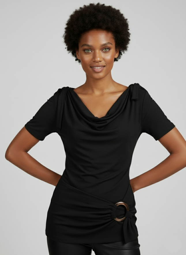 Chic Cowl Neck Black Tie-Waist  Summer Top