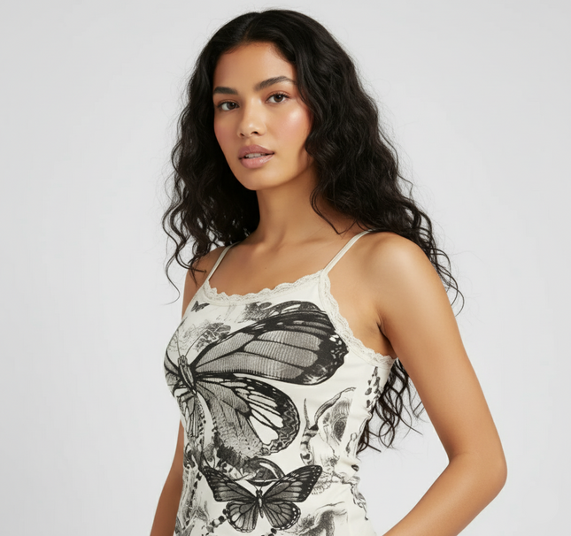Sleeveless Butterfly Print Lace Trim Cami Top.