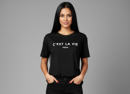 Ladies Oversized C'est La Vie Paris Simple Fashion Classic Retro Short Sleeves T Shirt Top