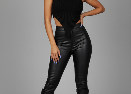 High Neck Roll Knitted Backless Front Cropped Top