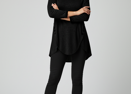 Irregular Button Hem Long Sleeved Round Neck Oversized T-shirt