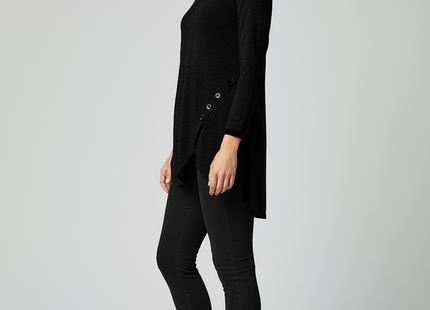 Irregular Button Hem Long Sleeved Round Neck Oversized T-shirt