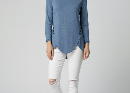 Irregular Button Hem Long Sleeved Round Neck Oversized T-shirt