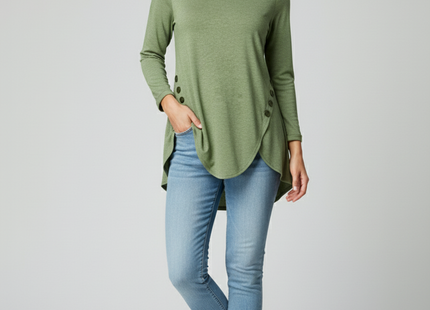 Irregular Button Hem Long Sleeved Round Neck Oversized T-shirt