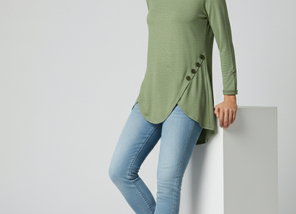 Irregular Button Hem Long Sleeved Round Neck Oversized T-shirt