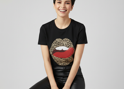Lips Leopard Print Round Neck Short-sleeved Tshirt Women