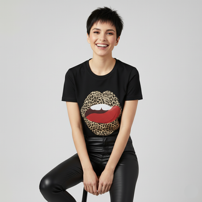 Lips Leopard Print Round Neck Short-sleeved Tshirt Women
