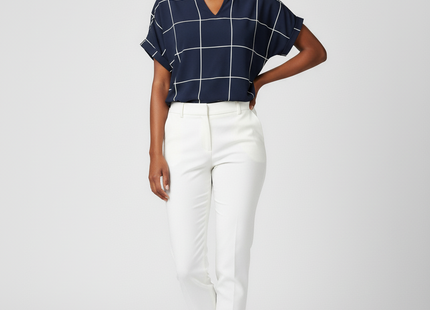 Plaid Print Notched Neck Blouse (short sleeved)