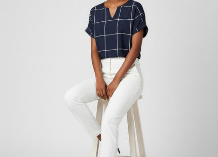 Plaid Print Notched Neck Blouse (short sleeved)