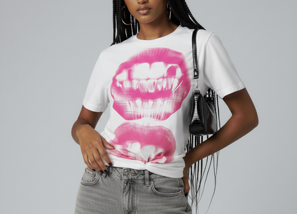 Vibrant Y2K Mouth Print T-Shirt - Short Sleeve Crew Neck, Relaxed Fit