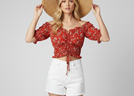 Women Vacation Style Casual Off-Shoulder Elastic Cropped Top With Floral Print
