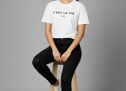 Ladies Oversized C'est La Vie Paris Simple Fashion Classic Retro Short Sleeves T Shirt Top