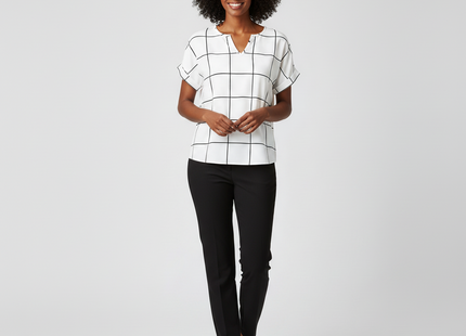 Plaid Print Notched Neck Blouse (short sleeved)