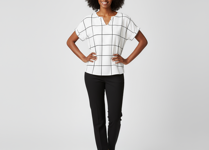 Plaid Print Notched Neck Blouse (short sleeved)