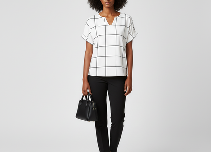 Plaid Print Notched Neck Blouse (short sleeved)