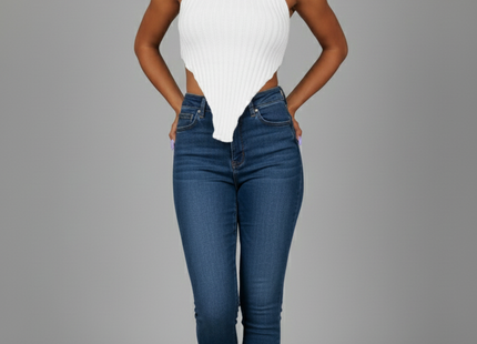 High Neck Roll Knitted Backless Front Cropped Top