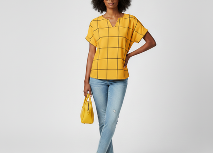 Plaid Print Notched Neck Blouse (short sleeved)