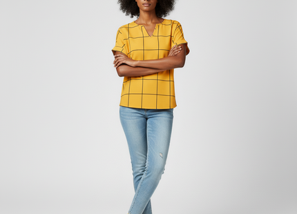 Plaid Print Notched Neck Blouse (short sleeved)