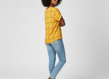 Plaid Print Notched Neck Blouse (short sleeved)