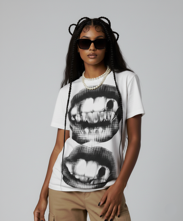 Vibrant Y2K Mouth Print T-Shirt - Short Sleeve Crew Neck, Relaxed Fit