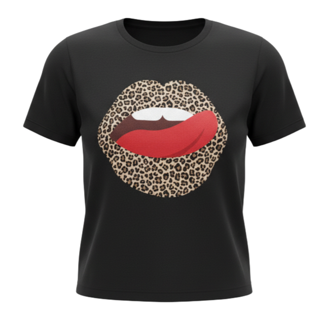 Lips Leopard Print Round Neck Short-sleeved Tshirt Women