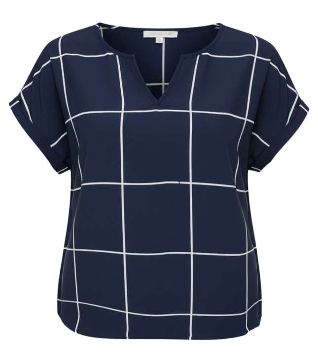 Plaid Print Notched Neck Blouse (short sleeved)