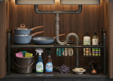 Under Sink Organiser | Expandable 2 Tier Storage Rack, 53-88cm Adjustable