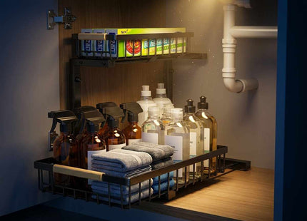Under Sink Organiser | 2 Tier Pull Out Storage Rack, Fits Around Pipes