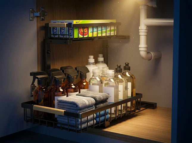 Under Sink Organiser | 2 Tier Pull Out Storage Rack, Fits Around Pipes