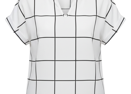 Plaid Print Notched Neck Blouse (short sleeved)