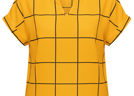 Plaid Print Notched Neck Blouse (short sleeved)