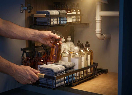 A person's hands are shown organizing a pull-out under-sink cabinet tray filled with folded towels and assorted toiletry bottles, set inside a well-lit bathroom cabinet.